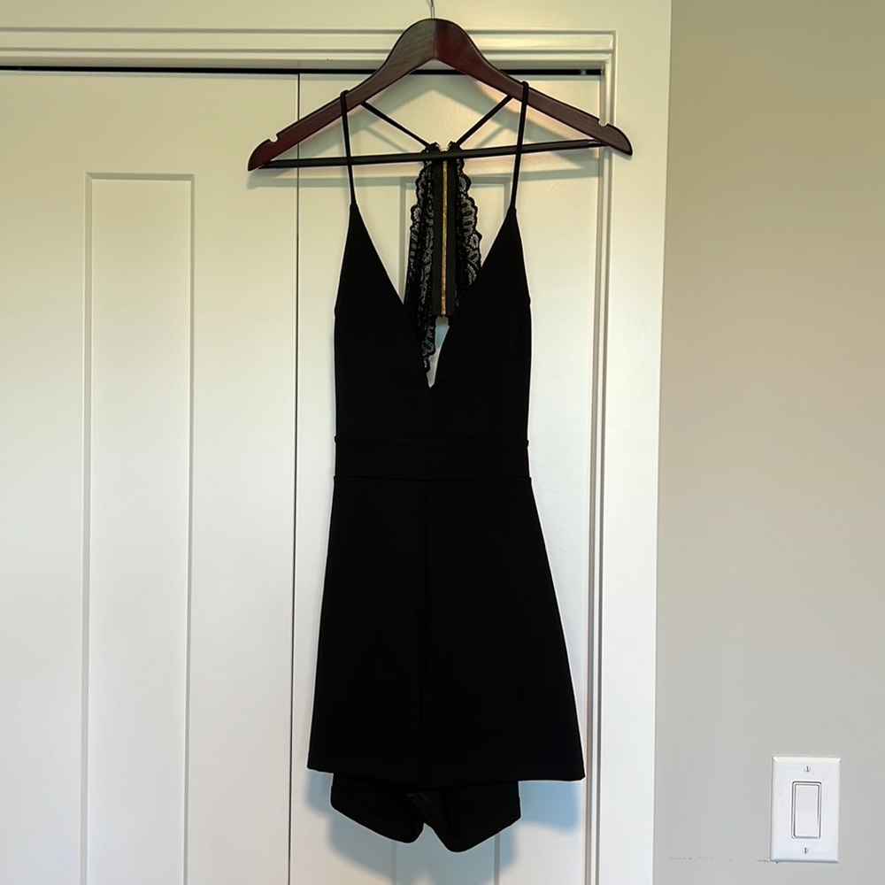 Black lace back, deep V romper